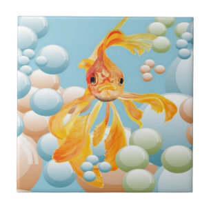 Vermillion Goldfish In Pastel Bubble Water Tile