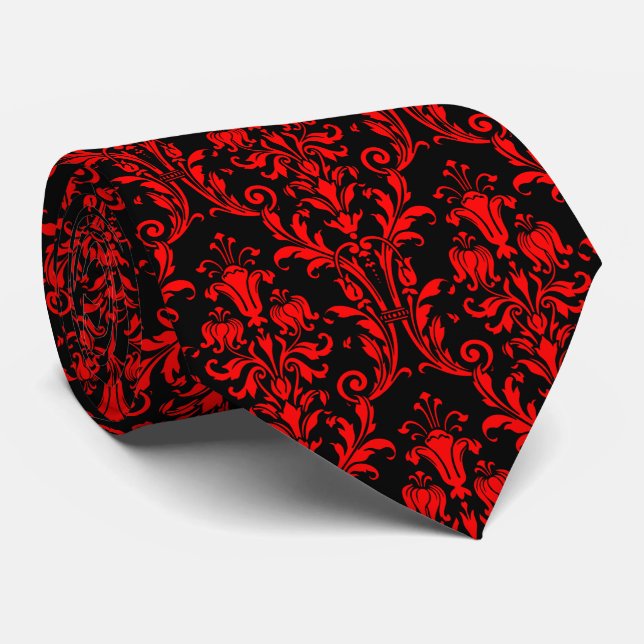 Vermillion Red Black Floral Damask Neck Tie (Rolled)
