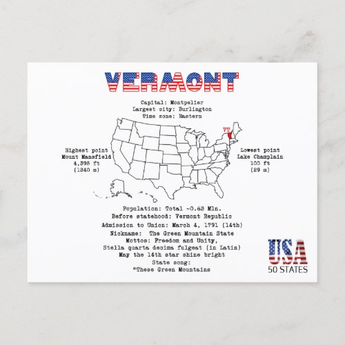 Vermont American state on a map and useful info Holiday Postcard