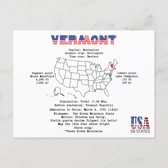 Vermont American State On A Map And Useful Info Holiday Postcard Zazzle