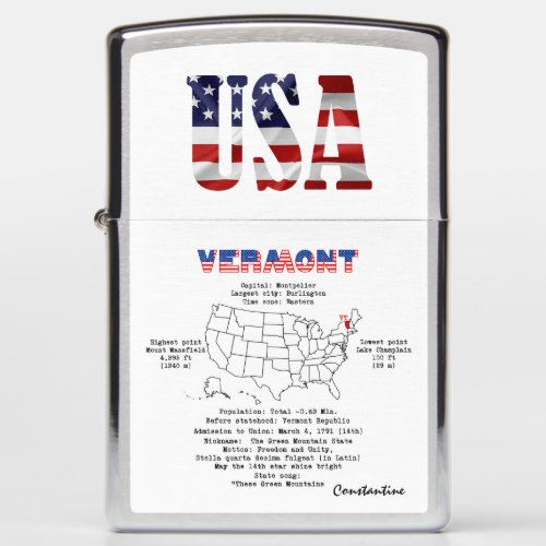 Vermont American state on a map and useful info Zippo Lighter