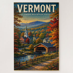Vermont Autumn Mountains Covered Bridge Charm Jigsaw Puzzle
