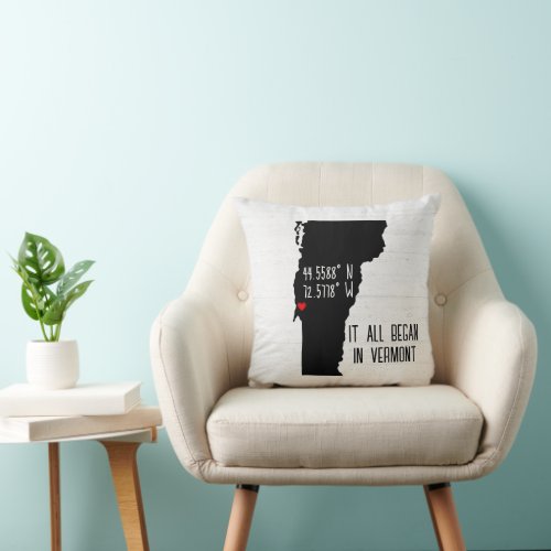 Vermont GPS Coordinates with Heart Throw Pillow