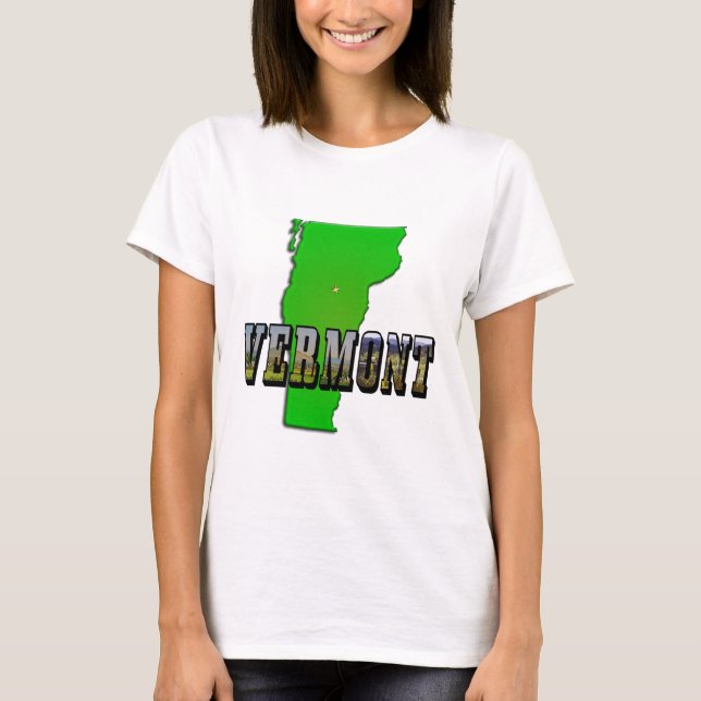 Vermont Map Outline and Picture Text T-Shirt (Front)