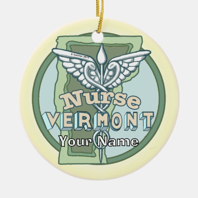 Vermont Nurse Caduceus Ceramic Ornament (Front)