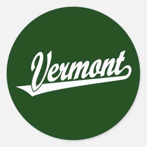 Vermont script logo in white classic round sticker
