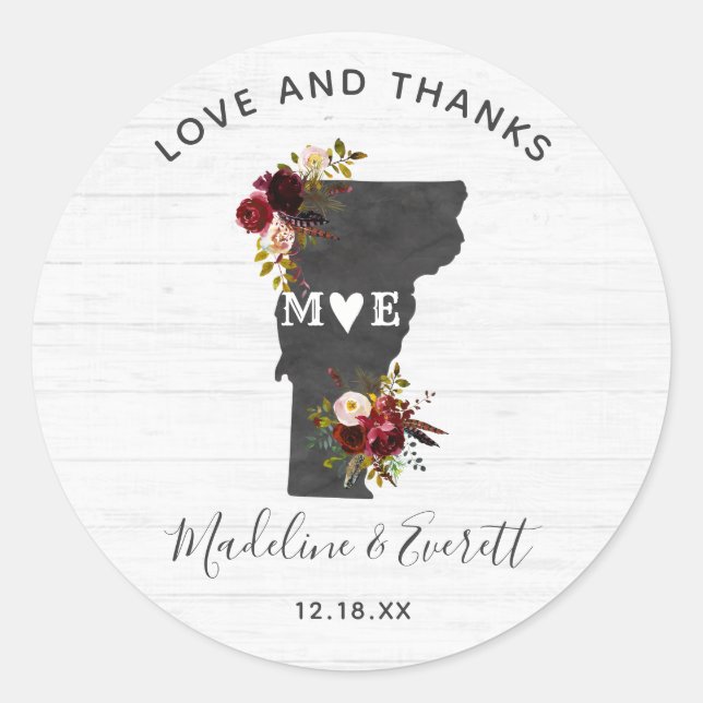 Vermont State Destination Rustic Wedding Thank You Classic Round Sticker (Front)