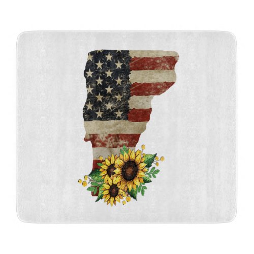 Vermont State Map US Flag Sunflower Glass Cutting Board