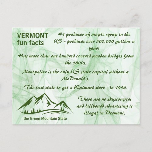 Vermont the Green Mountain State Fun Facts Postcard