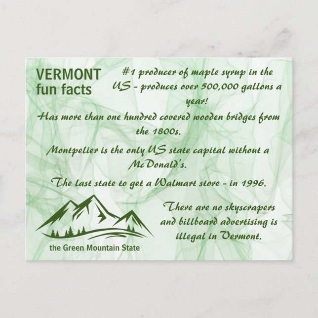 Vermont, the Green Mountain State Fun Facts Postcard (Front)