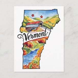 Vermont USA State Shaped Vintage Watercolor Postcard