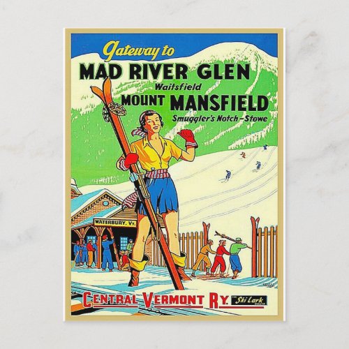 Vermont vintage travel skiing postcard