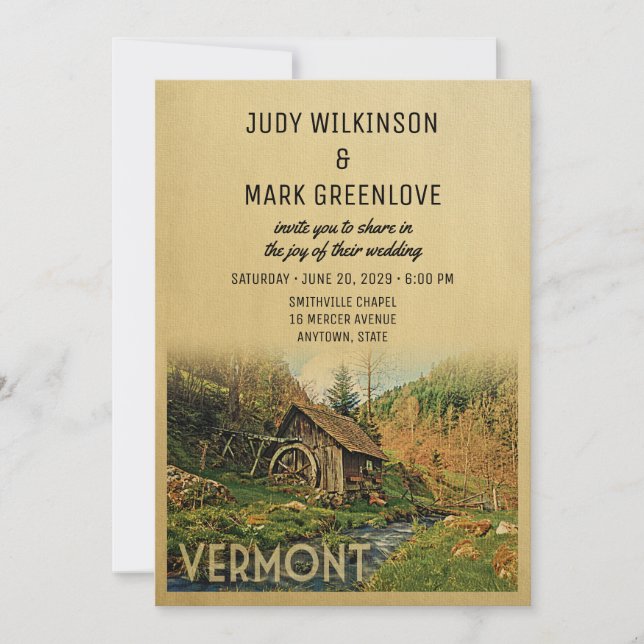 Vermont Wedding Invitation Rustic Cabin Mill (Front)