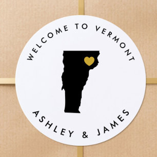 Vermont Wedding Welcome Sticker Tag, Black, Gold