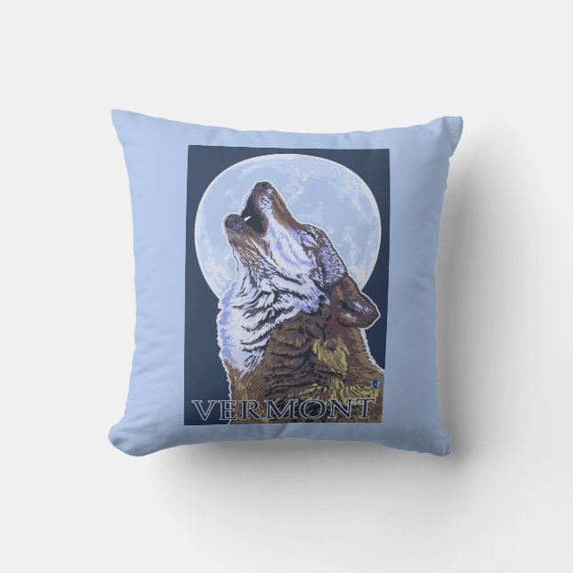 VermontHowling Wolf Throw Pillow (Front)
