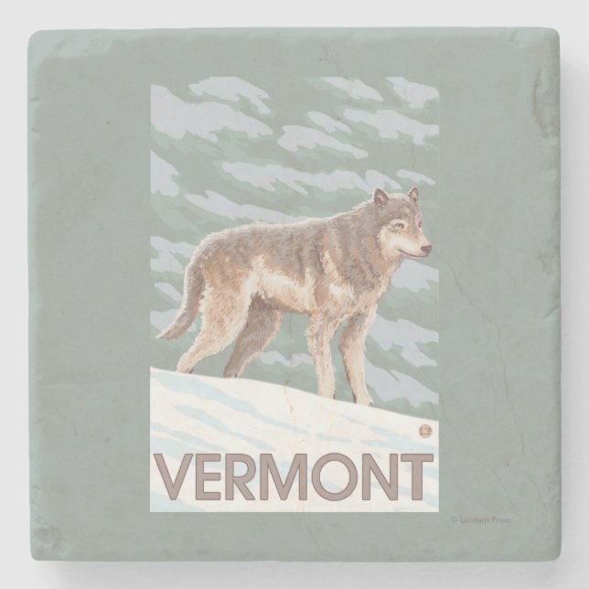 VermontWolf Scene Stone Coaster (Front)