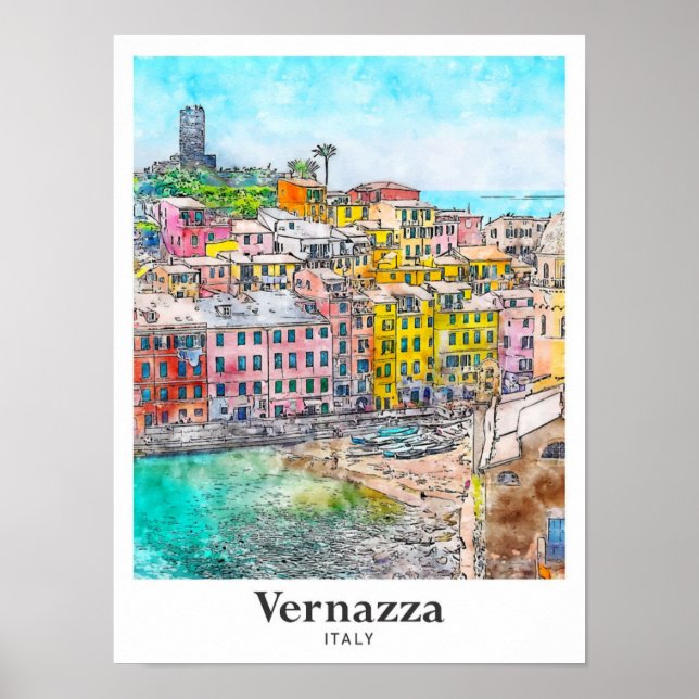 Vernazza Italy Travel Watercolor Sketch Hand Drawn Poster (Front)