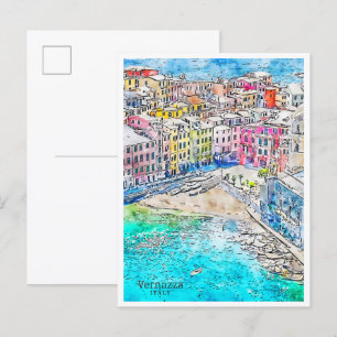 Vernazza Italy vintage travel watercolor Postcard