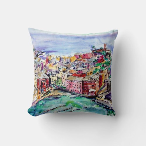 Vernazza Italy Watercolor Art Pillow