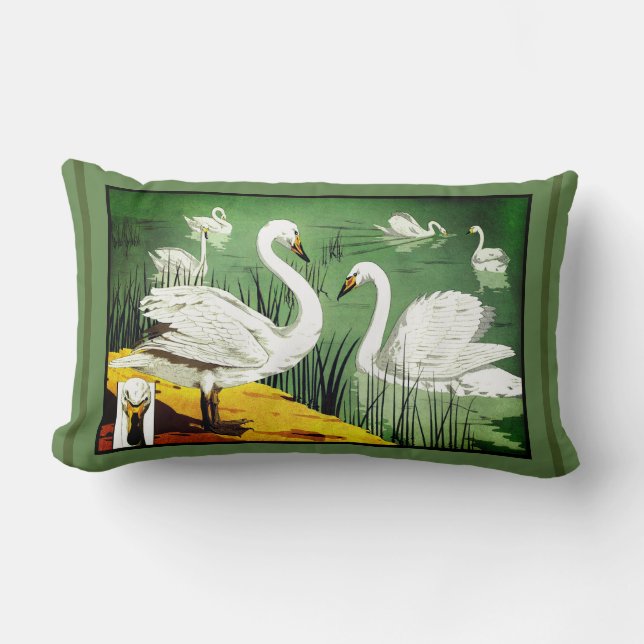 Verneuil Art Nouveau Design of Wild Swans Lumbar P Pillow (Front)