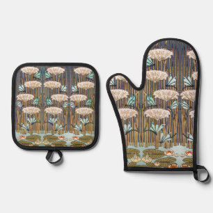 Verneuil Dragonfly Water Lily Art Nouveau: Vintage Oven Mitt & Pot Holder Set
