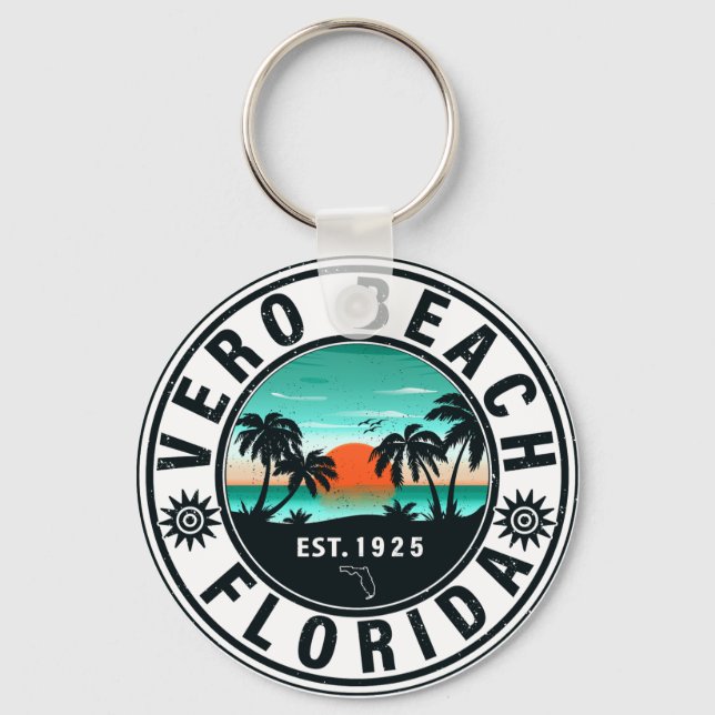 Vero Beach Florida Palm Tree Retro Sunset 60s Keychain (Front)