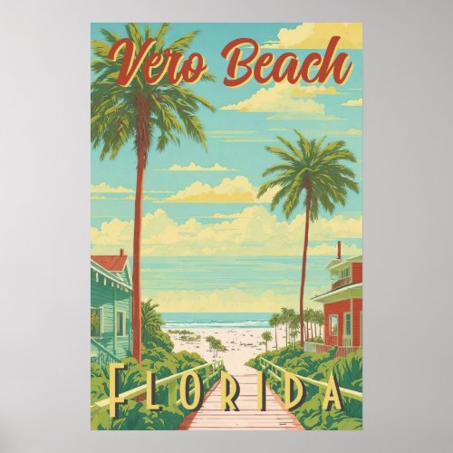 Vero Beach Florida Vintage Poster Palm Tree Beach