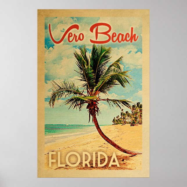 Vero Beach Poster Florida Vintage Palm Tree Beach (Front)