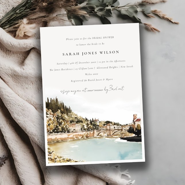 Verona Adige River Italy Watercolor Bridal Shower Invitation (Creator Uploaded)