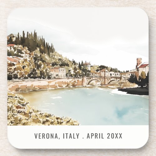 Verona Adige River Italy Watercolor Italian Travel Beverage Coaster