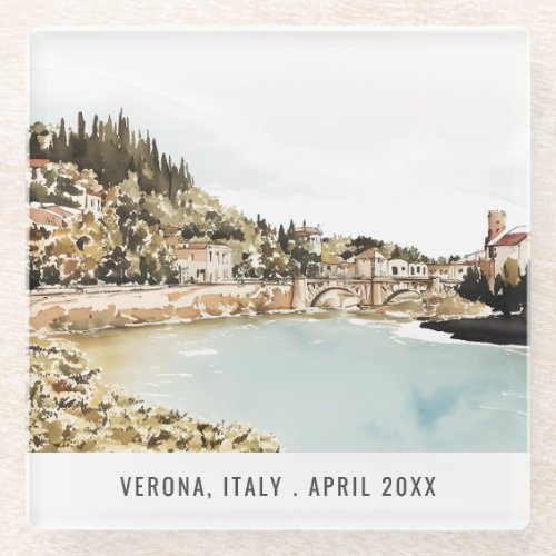 Verona Adige River Italy Watercolor Italian Travel Glass Coaster