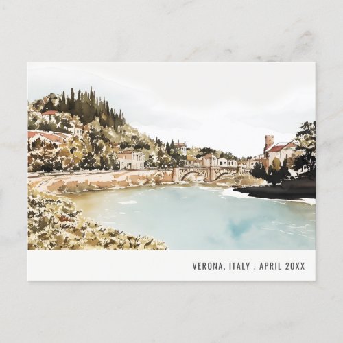 Verona Adige River Italy Watercolor Italian Travel Postcard