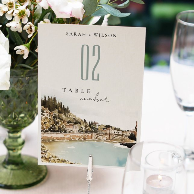 Verona Adige River Italy Watercolor Wedding Table Number (Creator Uploaded)