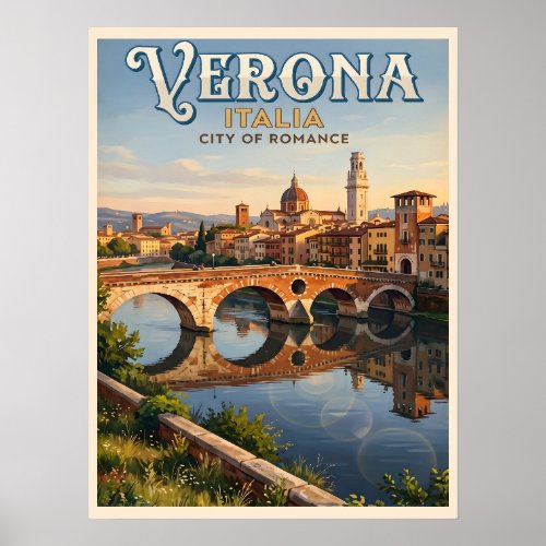 Verona Italy Adige River Vintage Travel Poster