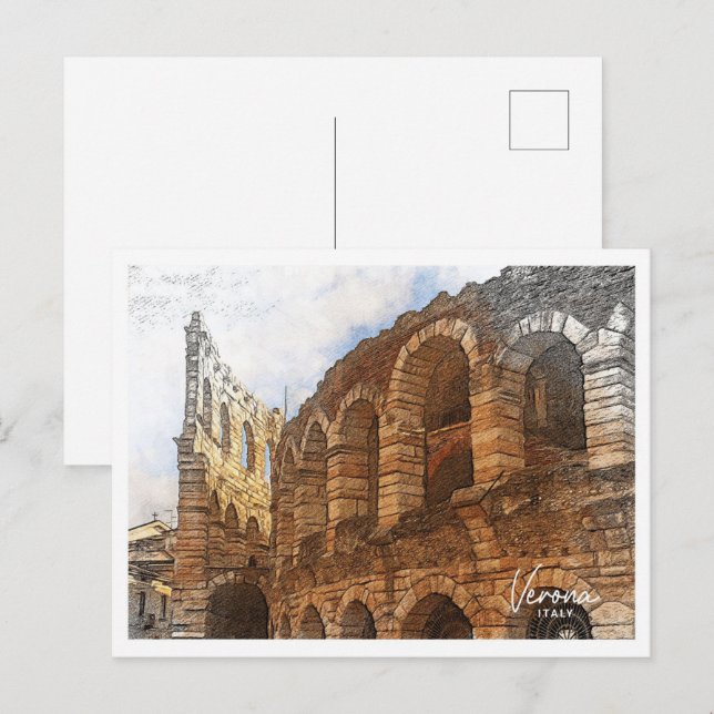 Verona Italy Beautiful Color Pencil Landscape Postcard (Front/Back)