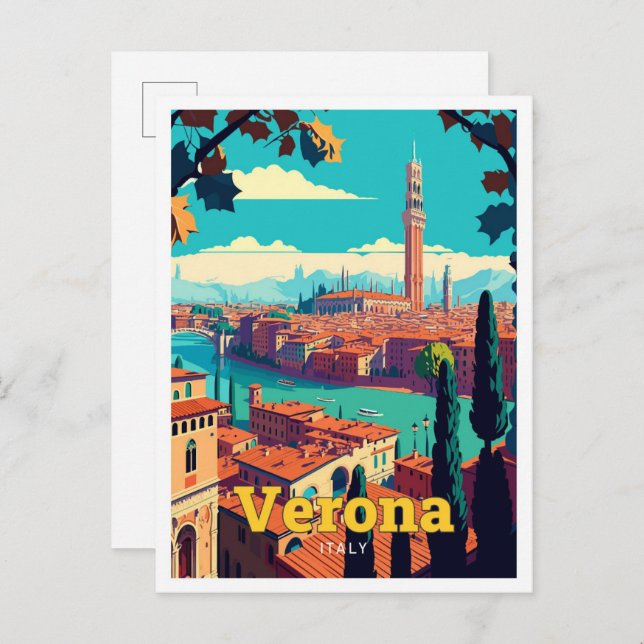 Verona Italy Travel Art Vintage Illustration Postcard (Front/Back)