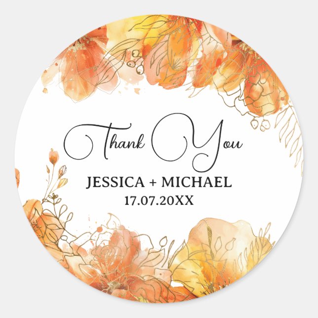 Verona Sunset Blooms Gold Thank You Wedding Classic Round Sticker (Front)