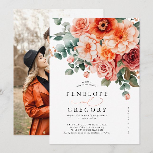 Verona Sunset Bright Orange  Floral Photo Wedding Invitation (Front/Back)