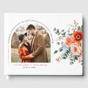 Verona Sunset Bright Orange Modern Floral Photo Guest Book
