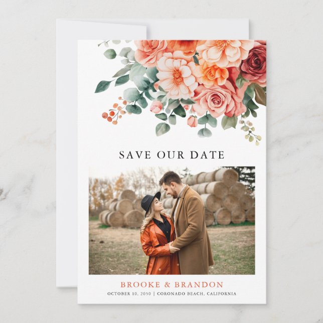 Verona Sunset Bright Orange Modern Floral Photo QR Save The Date (Front)