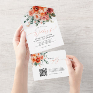 Verona Sunset Bright Orange Modern Floral Wedding All In One Invitation
