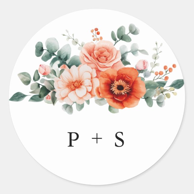 Verona Sunset Bright Orange Modern Floral Wedding Classic Round Sticker (Front)