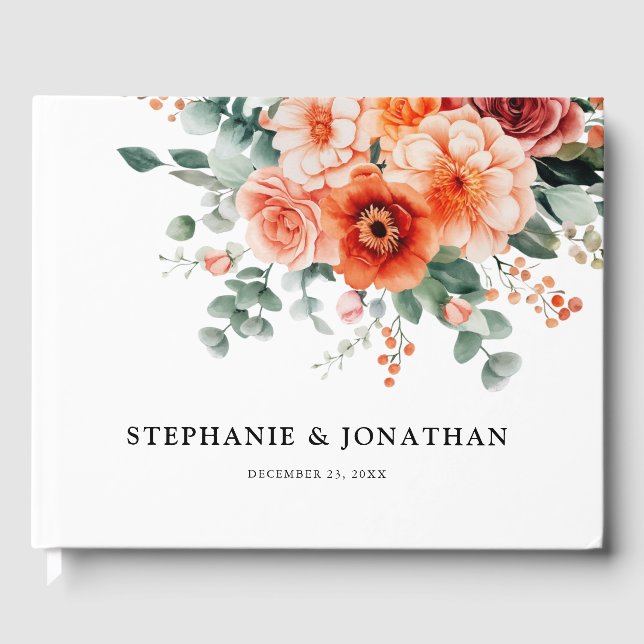 Verona Sunset Bright Orange Modern Floral Wedding Guest Book (Front)