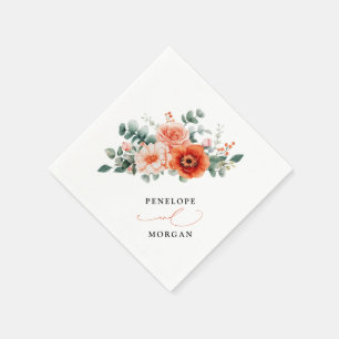 Verona Sunset Bright Orange Modern Floral Wedding Napkins