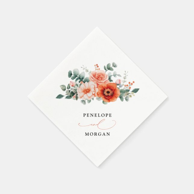 Verona Sunset Bright Orange Modern Floral Wedding Napkins (Corner)