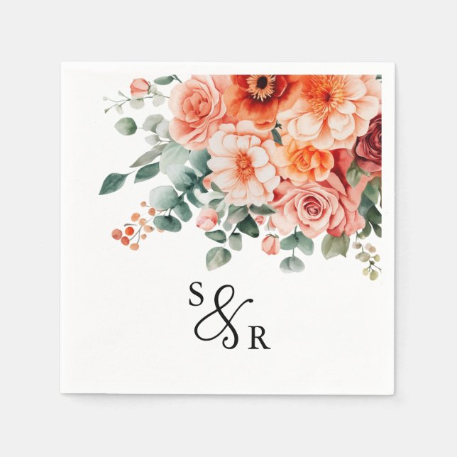 Verona Sunset Bright Orange Modern Floral Wedding Napkins (Front)