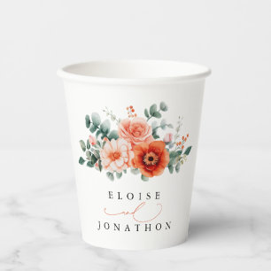 Verona Sunset Bright Orange Modern Floral Wedding Paper Cups