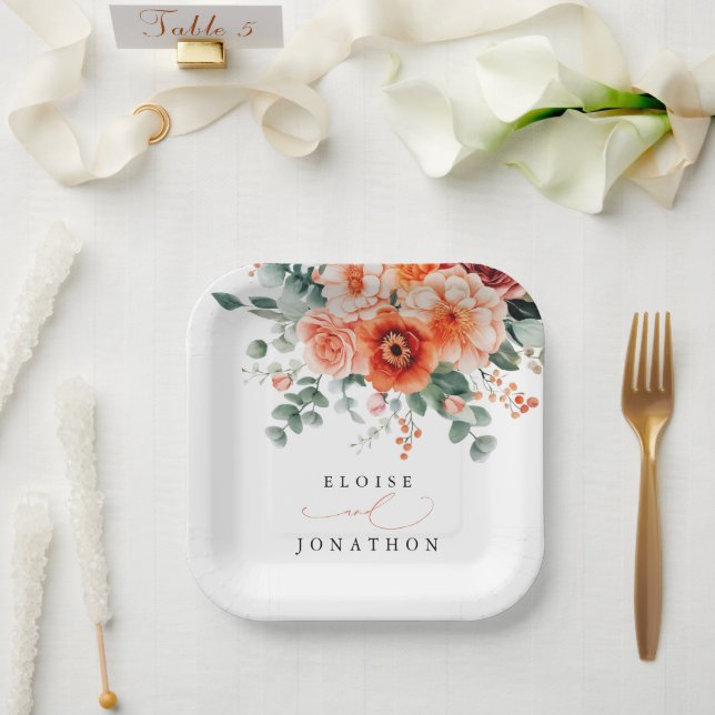 Verona Sunset Bright Orange Modern Floral Wedding Paper Plates (Wedding)