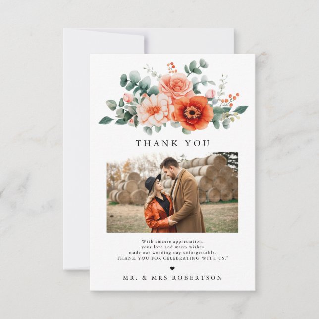 Verona Sunset Bright Orange Modern Floral Wedding Thank You Card (Front)