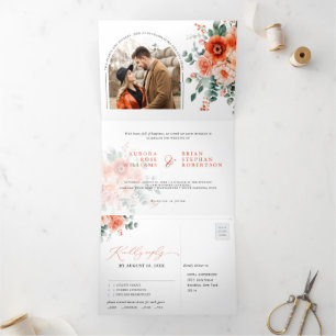 Verona Sunset Bright Orange Modern Floral Wedding Tri-Fold Announcement